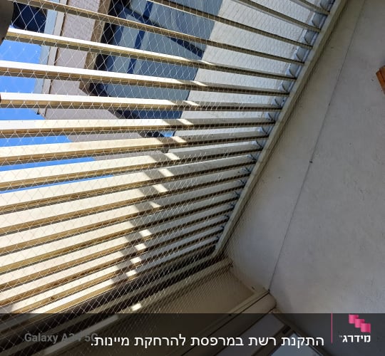 רשת יונים מותקנת על מרפסת בניין